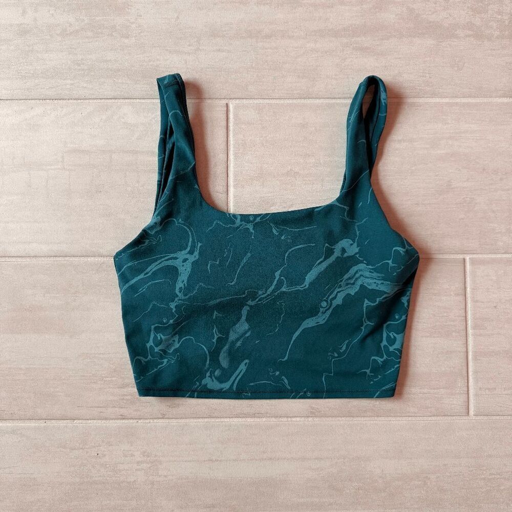 All in Motion Cropped Tank Padded Sports Bra Teal Marble Pattern Wide Strap M